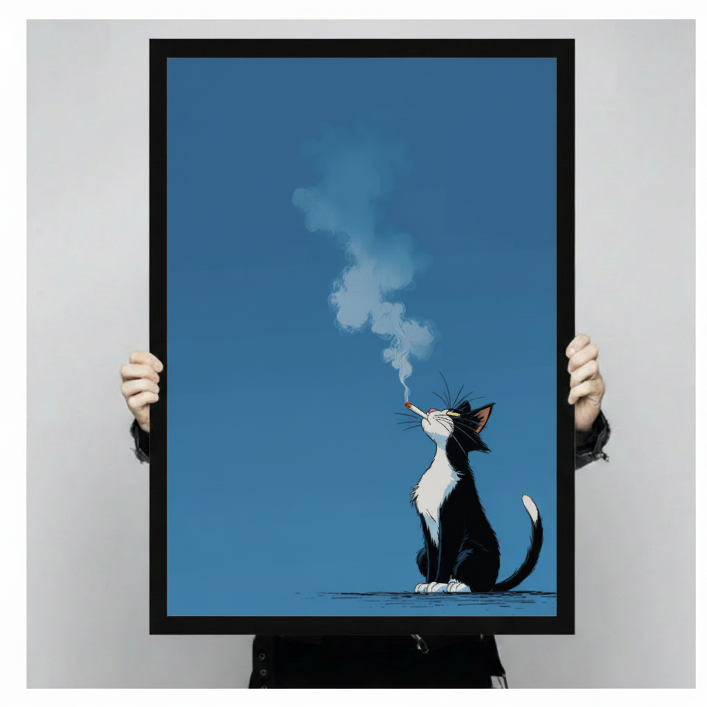 Smoking Cat Cool Minimalist Illustration Canvas Art