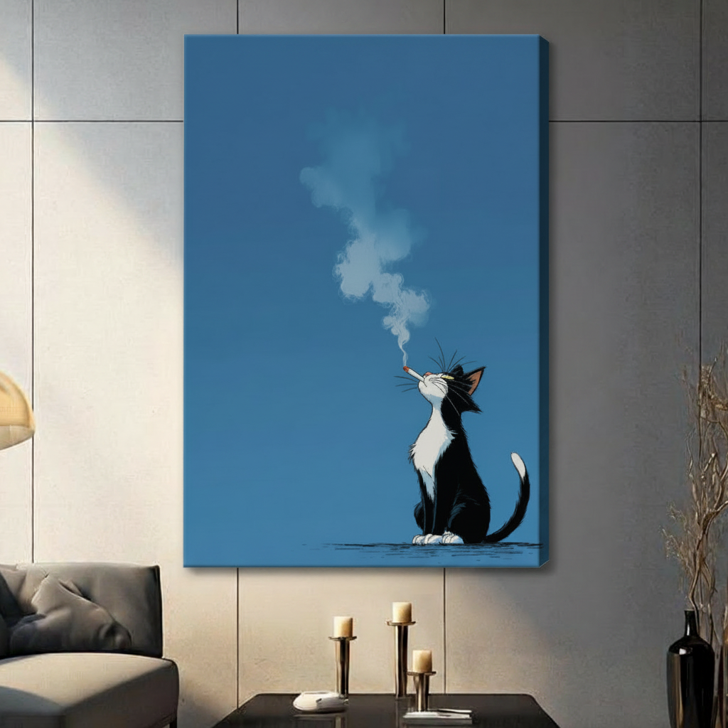 Smoking Cat Cool Minimalist Illustration Canvas Art