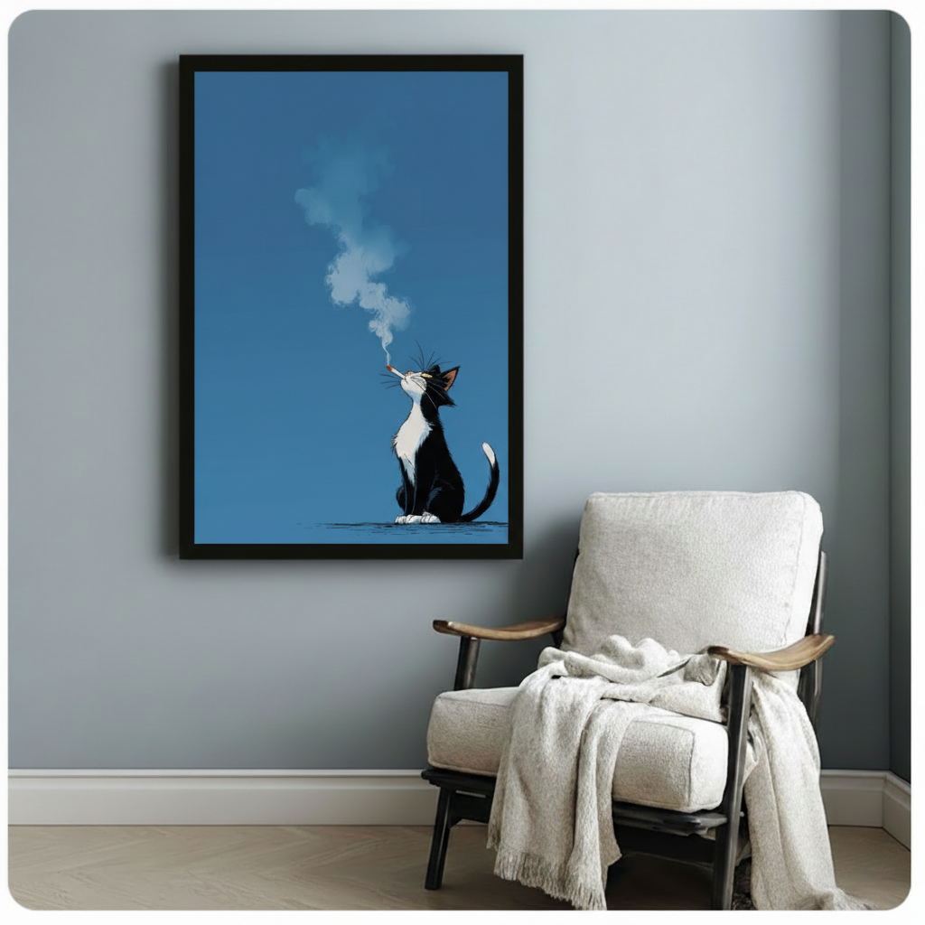 Smoking Cat Cool Minimalist Illustration Canvas Art
