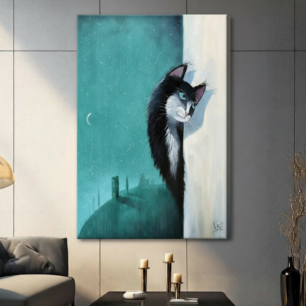 Gothic Peeking Cat Canvas Wall Art