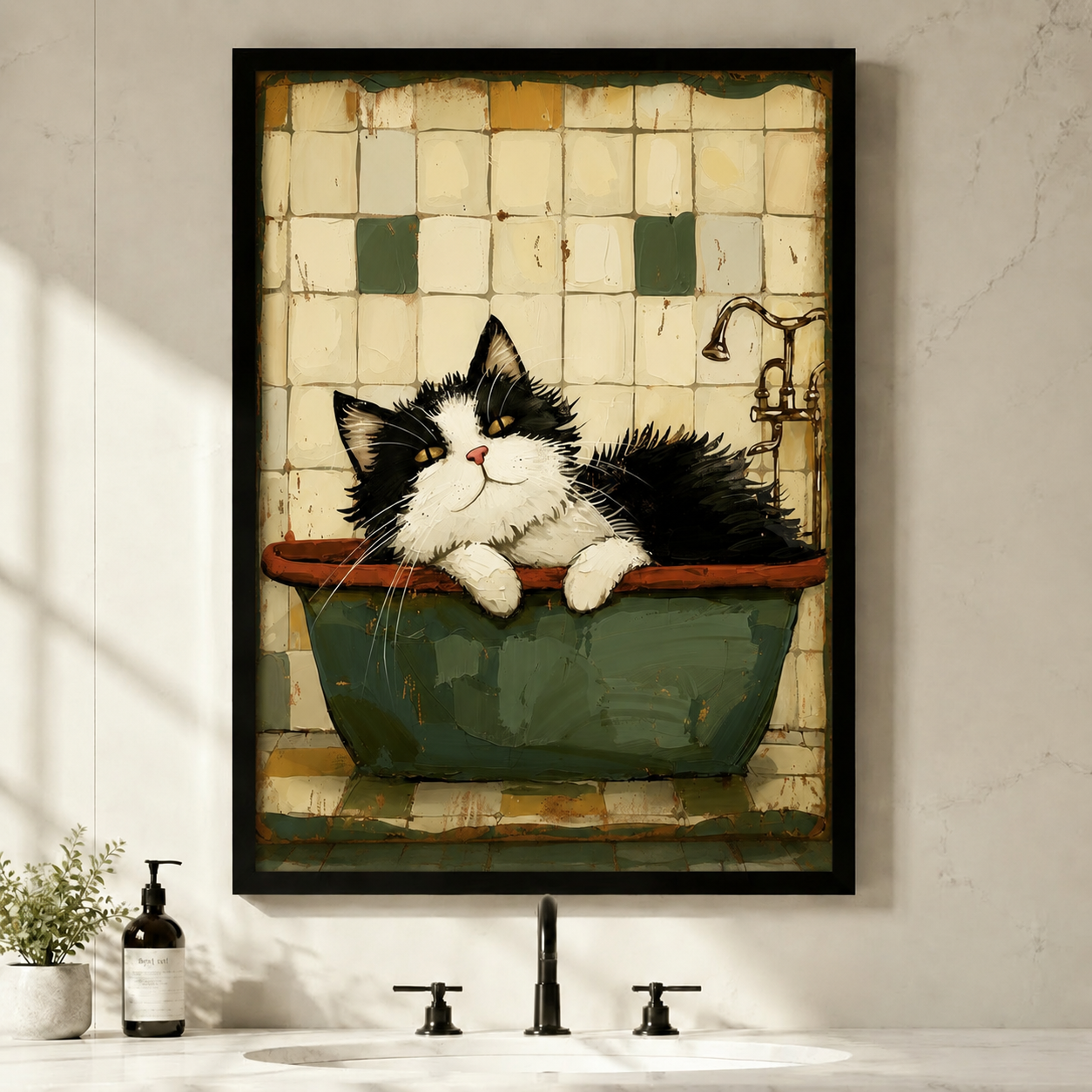 Vintage Cat in Bathtub Whimsical Canvas Art Wall Art