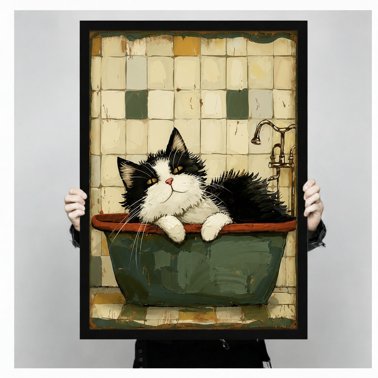Vintage Cat in Bathtub Whimsical Canvas Art Wall Art