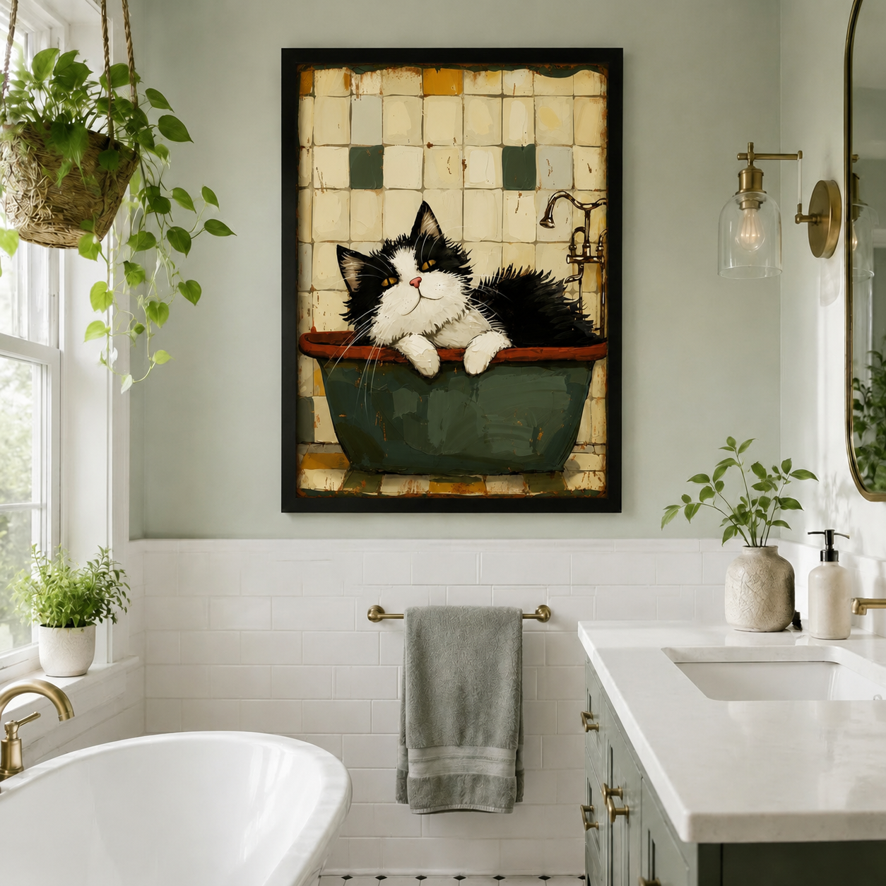 Vintage Cat in Bathtub Whimsical Canvas Art Wall Art