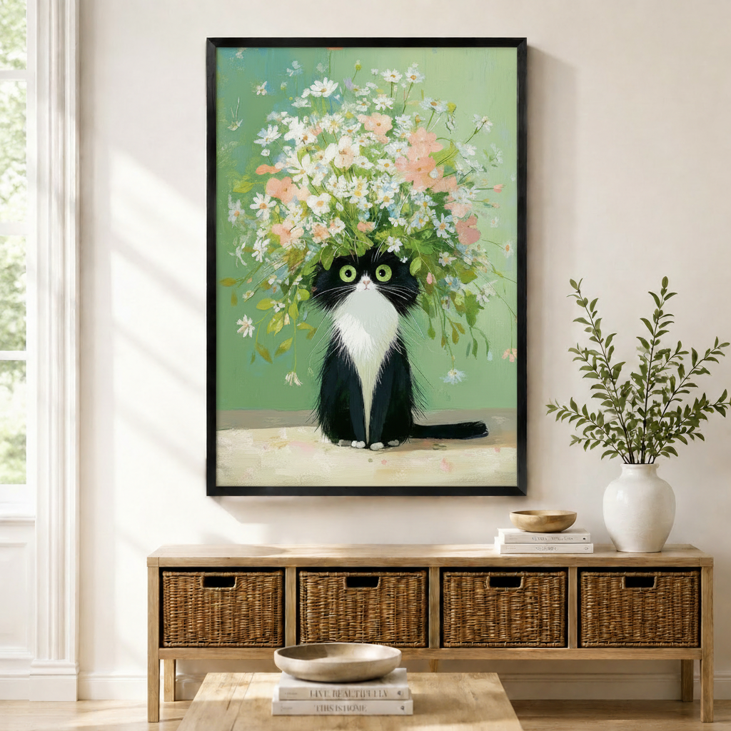 Floral Tuxedo Cat Whimsical Canvas Wall Art