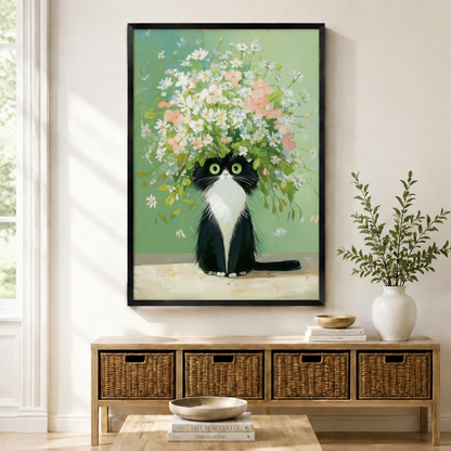Floral Tuxedo Cat Whimsical Canvas Wall Art