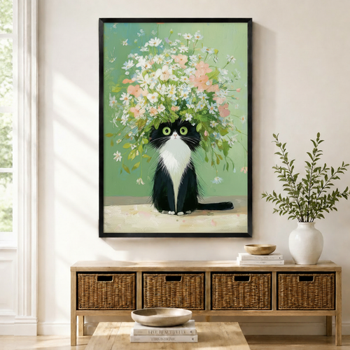 Floral Tuxedo Cat Whimsical Canvas Wall Art
