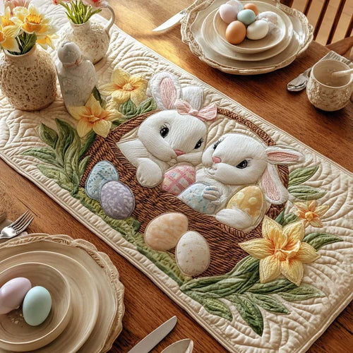 Twin Bunnies Basket Quilted Table Runner
