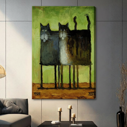 Two Black Cats Quirky Oil Painting Canvas Art