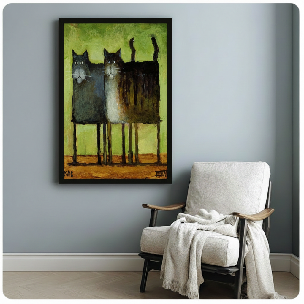 Two Black Cats Quirky Oil Painting Canvas Art
