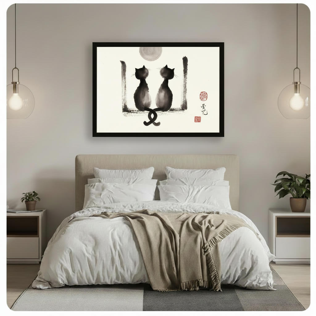 Two Cats Ink Wash Framed Canvas Wall Art