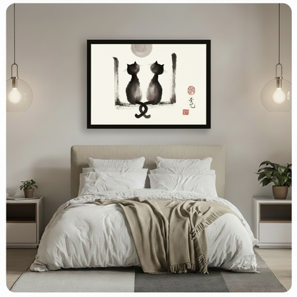Two Cats Ink Wash Framed Canvas Wall Art