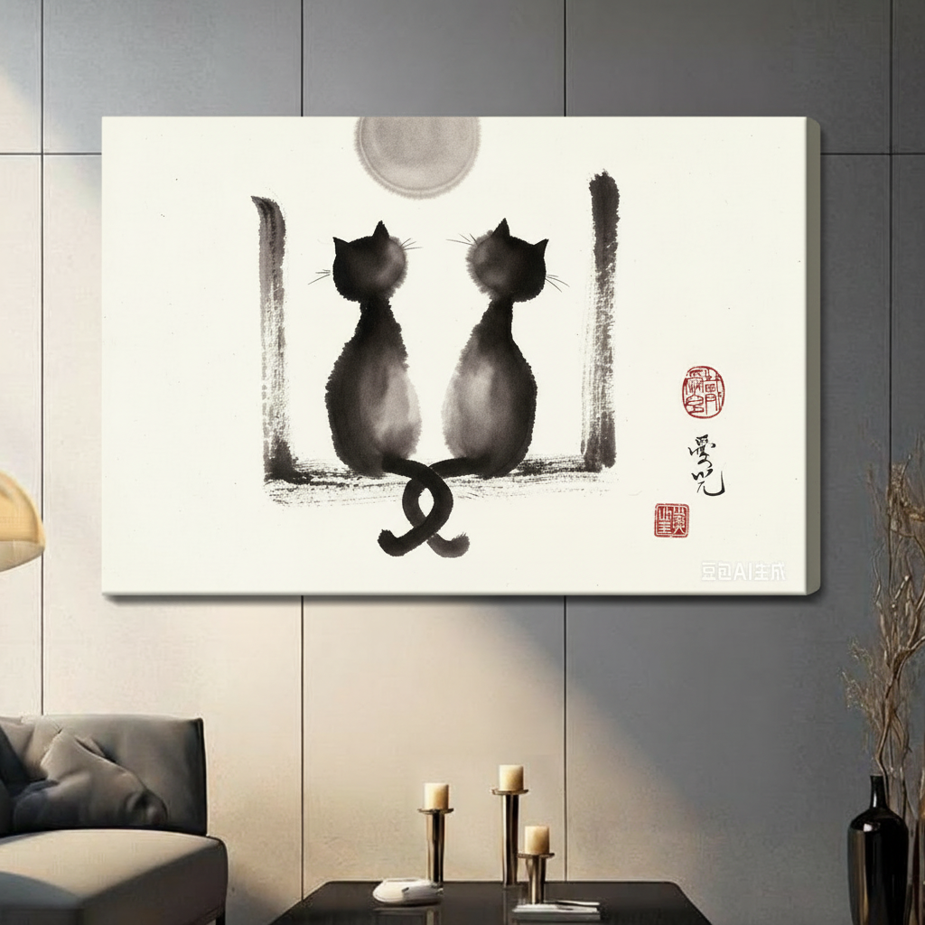 Two Cats Ink Wash Framed Canvas Wall Art