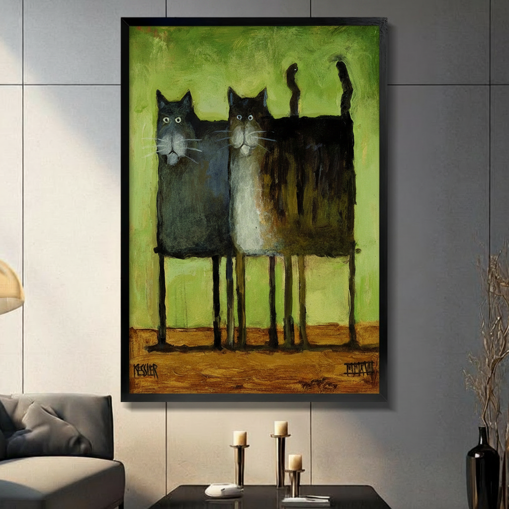 Two Black Cats Quirky Oil Painting Canvas Art