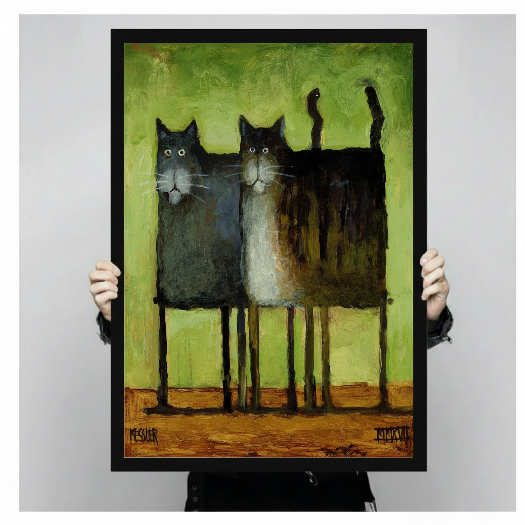 Two Black Cats Quirky Oil Painting Canvas Art