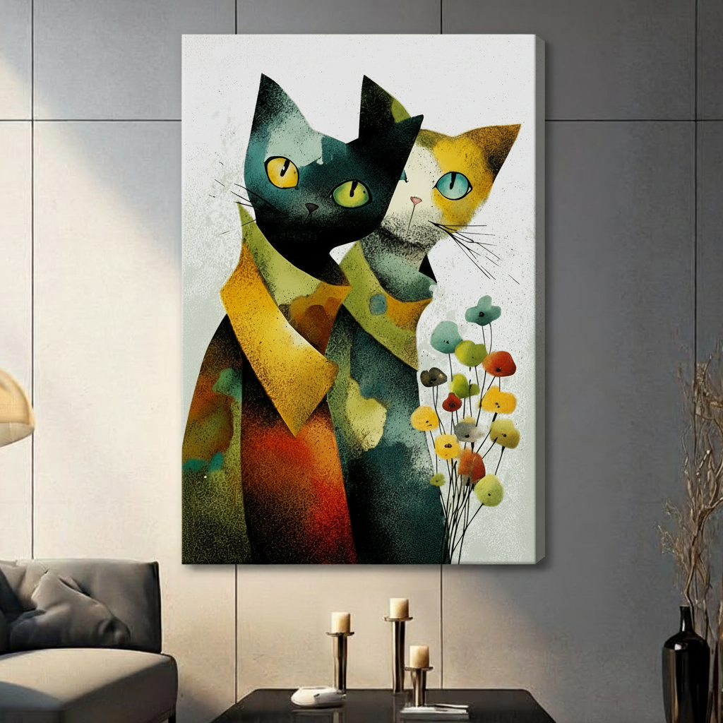Abstract Cat Couple Floral Wall Art Canvas Print