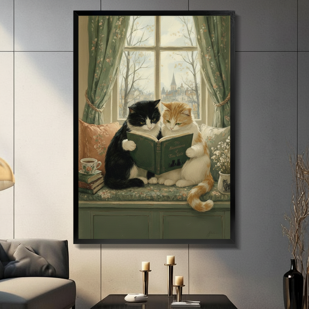 Victorian Cats Reading Canvas Wall Art