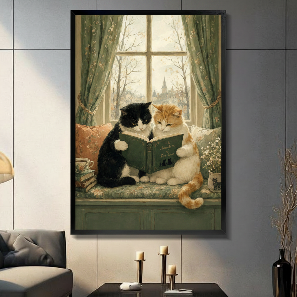 Vintage Cats Reading Book Canvas Wall Art