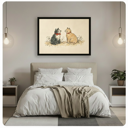 Vintage Two Cats Retro Illustration Canvas Art