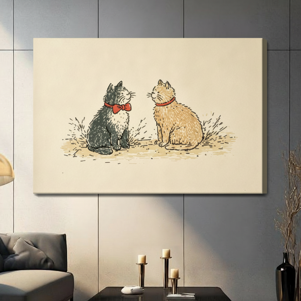 Vintage Two Cats Retro Illustration Canvas Art