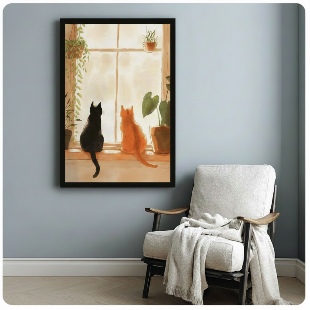 Two Cats Window Canvas Art – Cozy Boho 3009 Wall Art