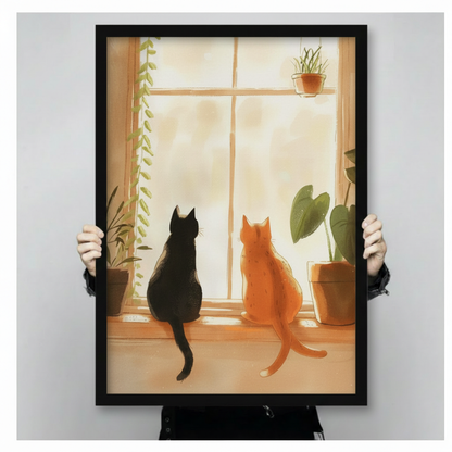 Two Cats Window Canvas Art – Cozy Boho 3009 Wall Art