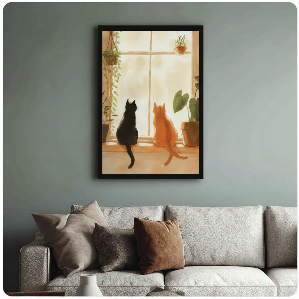 Two Cats Window Canvas Art – Cozy Boho 3009 Wall Art