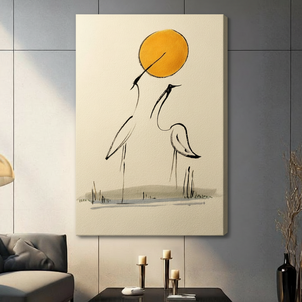 Japanese Crane Golden Sun Canvas Wall Art