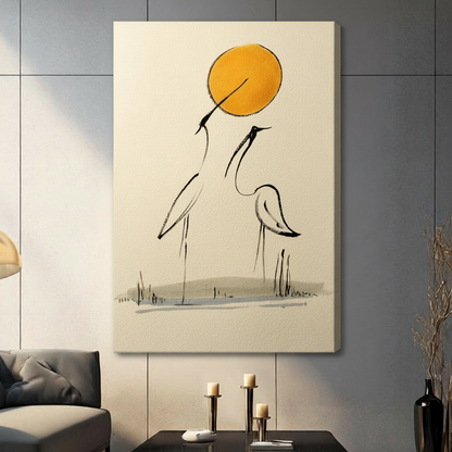 Japanese Crane Golden Sun Canvas Wall Art
