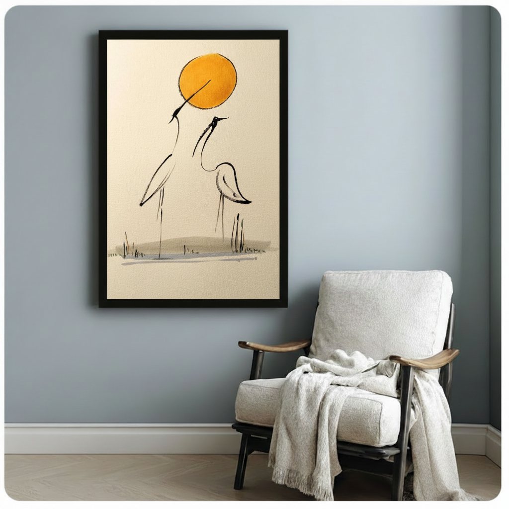Japanese Crane Golden Sun Canvas Wall Art