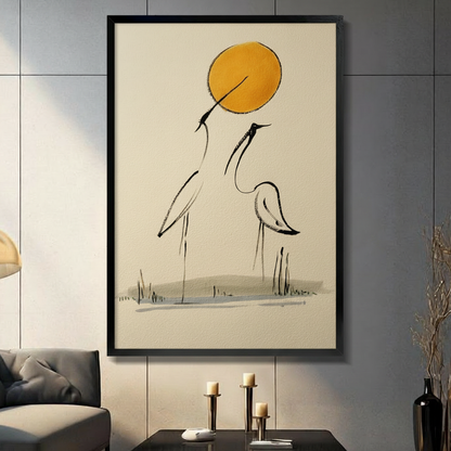 Japanese Crane Golden Sun Canvas Wall Art