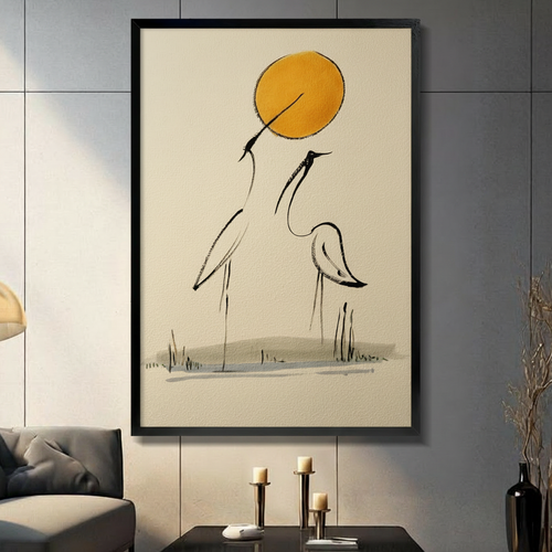 Japanese Crane Golden Sun Canvas Wall Art
