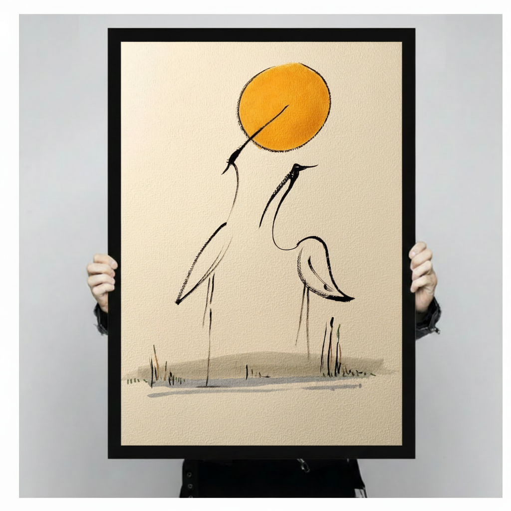 Japanese Crane Golden Sun Canvas Wall Art