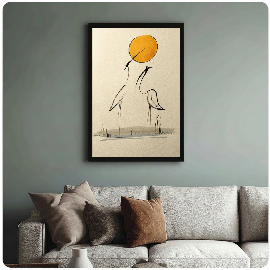 Japanese Crane Golden Sun Canvas Wall Art