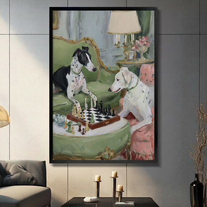 Elegant Dogs Playing Chess Oil Painting Canvas