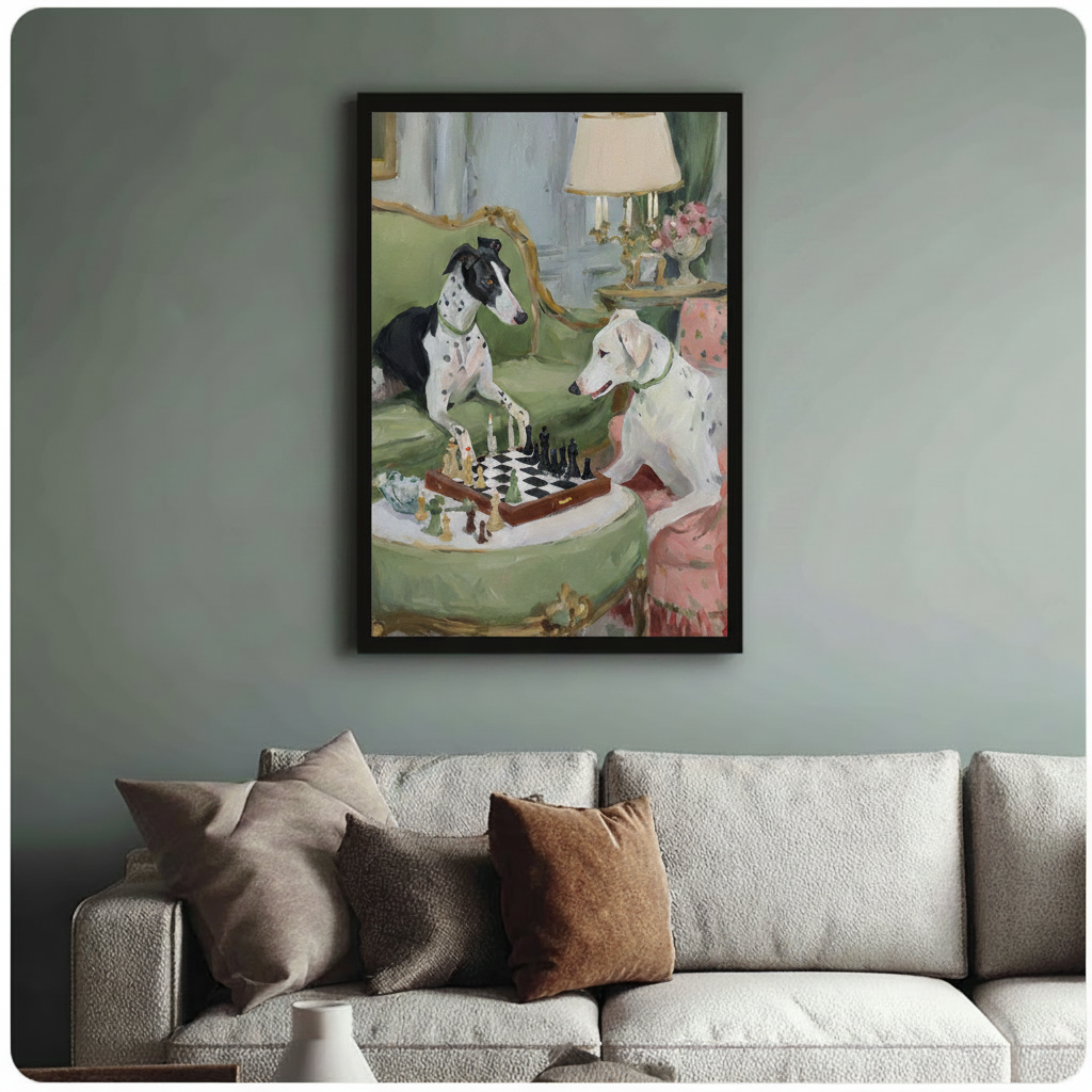 Elegant Dogs Playing Chess Oil Painting Canvas