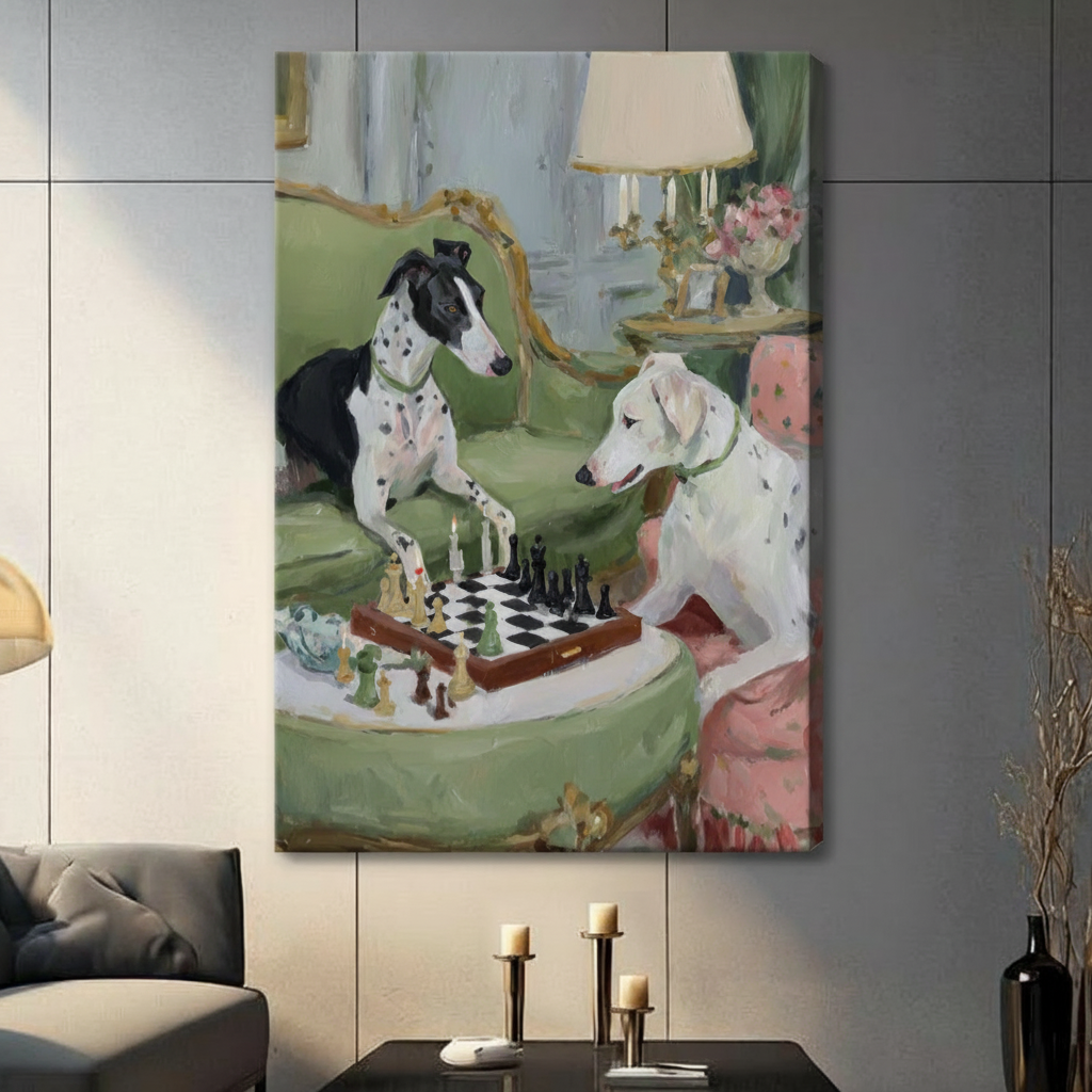 Elegant Dogs Playing Chess Oil Painting Canvas