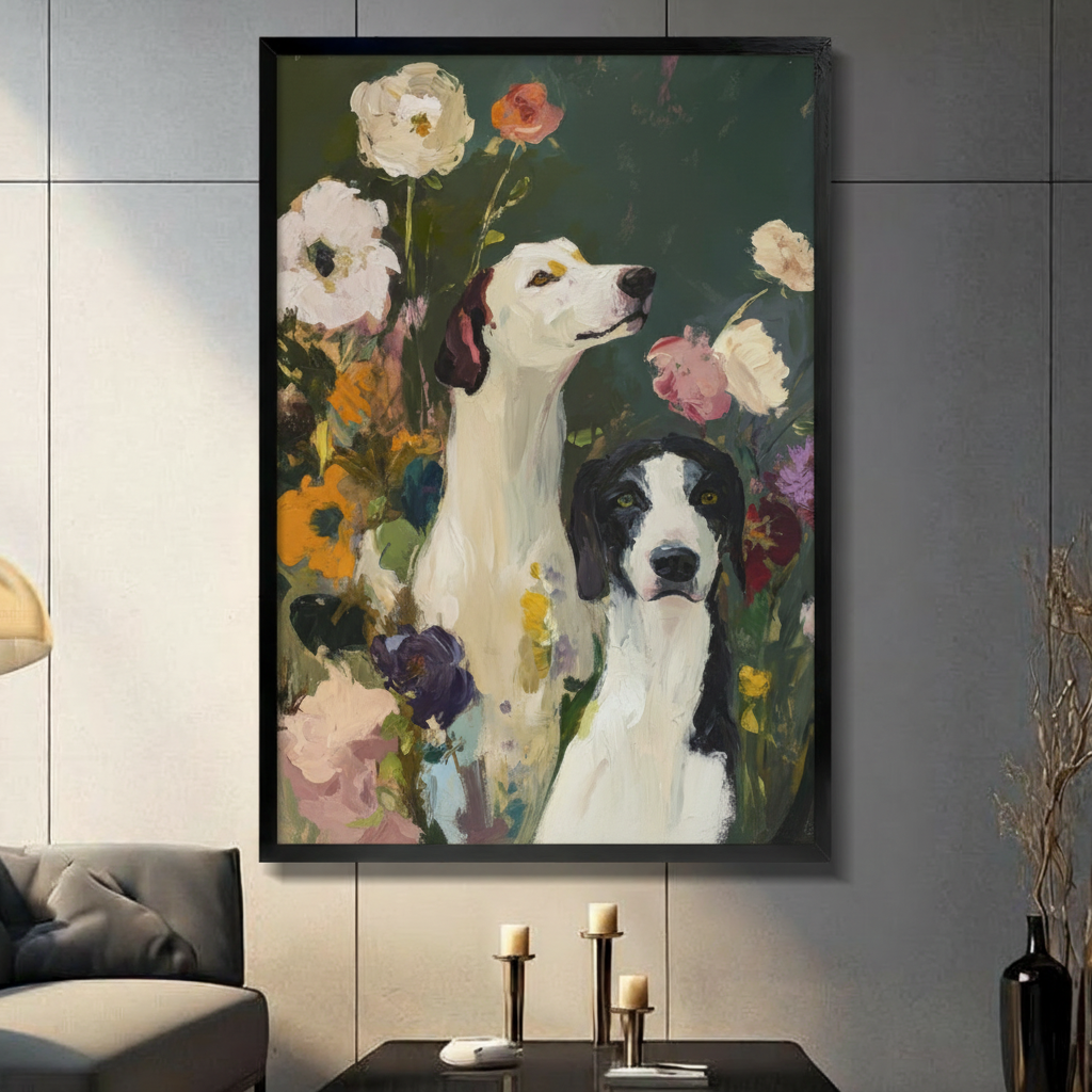 Two Dogs in Bloom Floral Oil Canvas Art Wall Art
