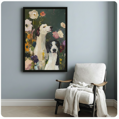 Two Dogs in Bloom Floral Oil Canvas Art Wall Art