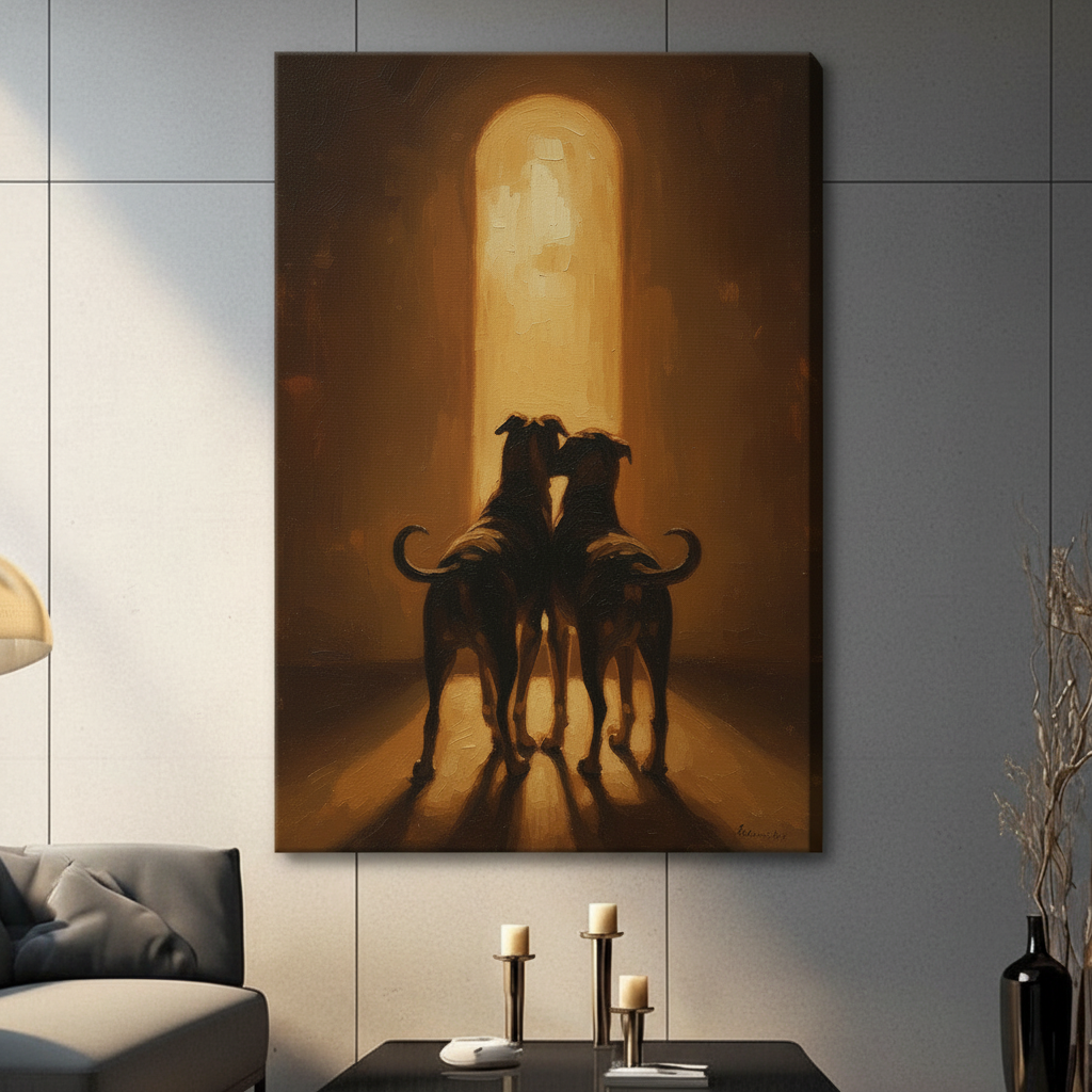 Two Greyhounds Golden Light Oil Canvas Wall Art