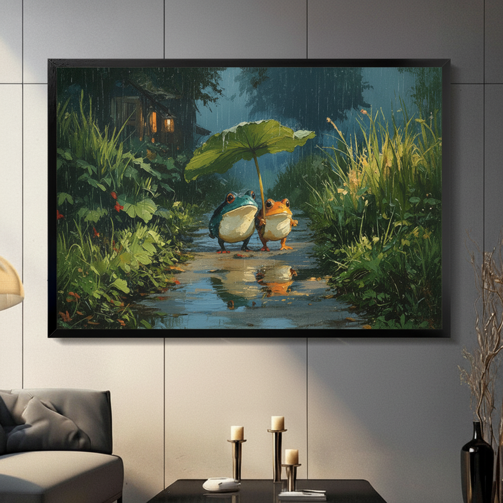 Rainy Night Frogs Romantic Whimsical Canvas Art