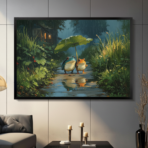 Rainy Night Frogs Romantic Whimsical Canvas Art