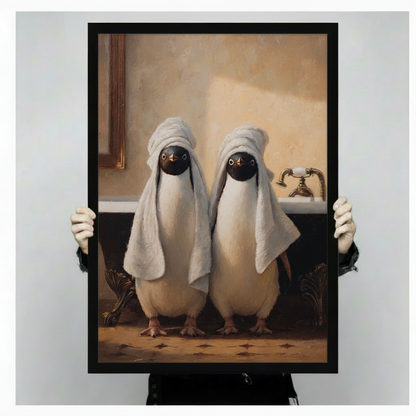 Vintage Penguins in Towels Bathroom Canvas Art