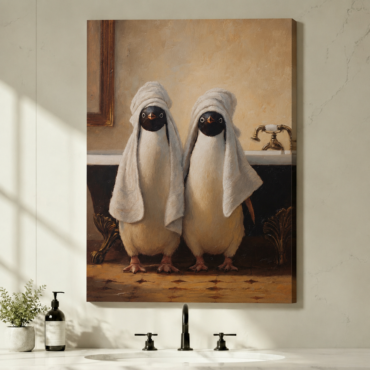 Vintage Penguins in Towels Bathroom Canvas Art