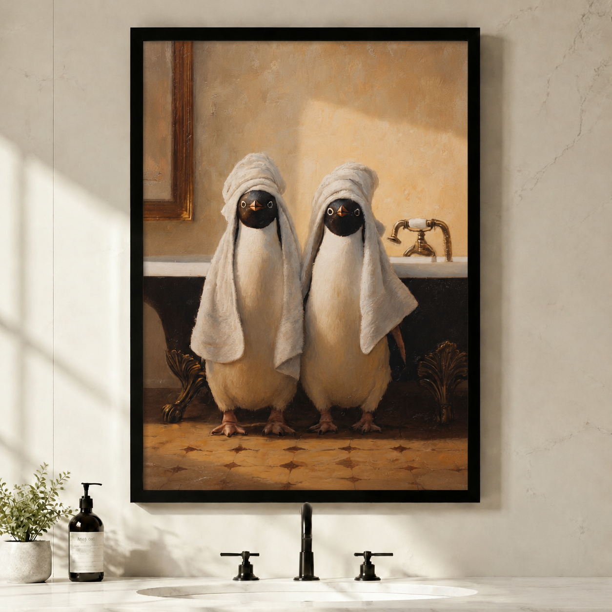 Vintage Penguins in Towels Bathroom Canvas Art