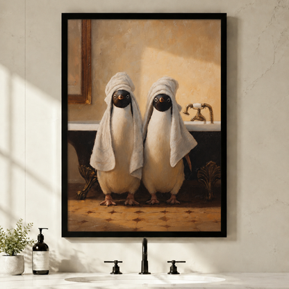 Vintage Penguins in Towels Bathroom Canvas Art