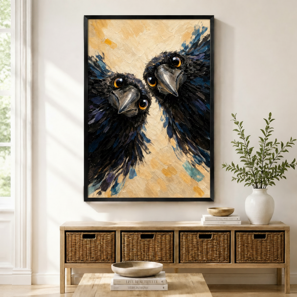 Two Ravens Bold Impasto Oil Canvas Wall Art
