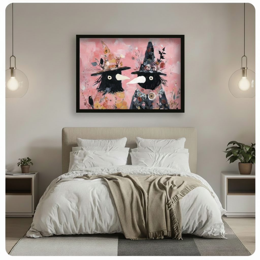 Floral Witch Birds Whimsical Pink Canvas Wall Art