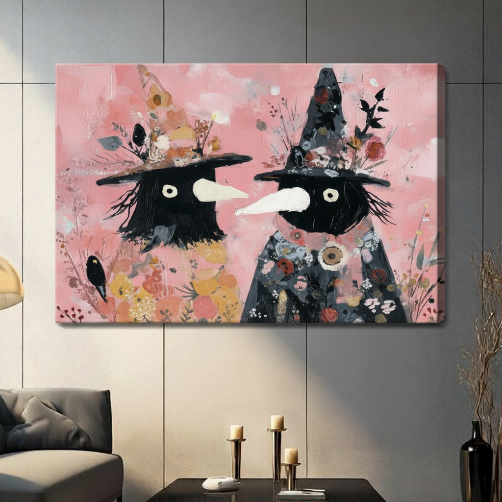 Floral Witch Birds Whimsical Pink Canvas Wall Art
