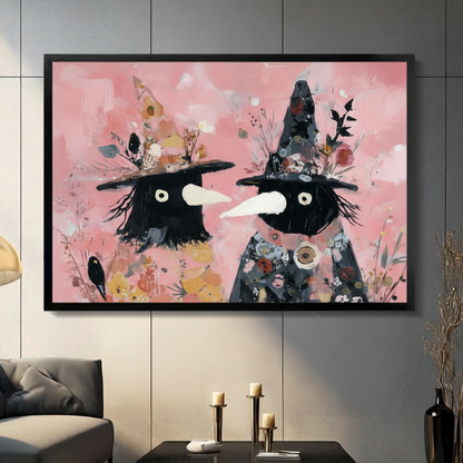 Floral Witch Birds Whimsical Pink Canvas Wall Art