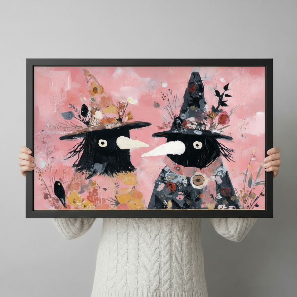 Floral Witch Birds Whimsical Pink Canvas Wall Art
